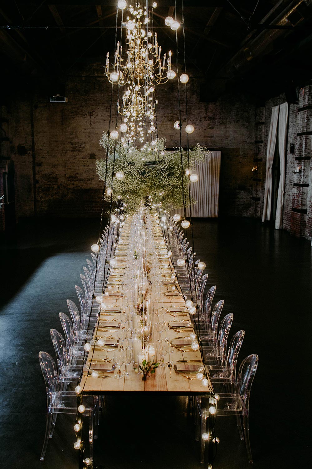 industrial tablescape floral canopy installation