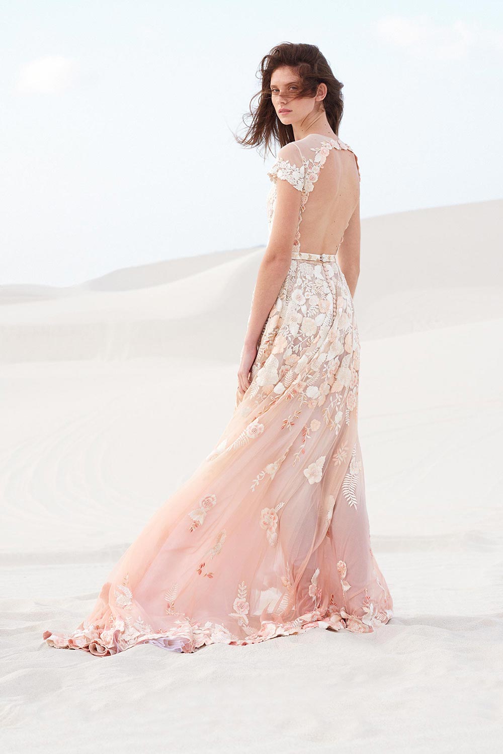 blush backless wedding dress with white floral appliqués