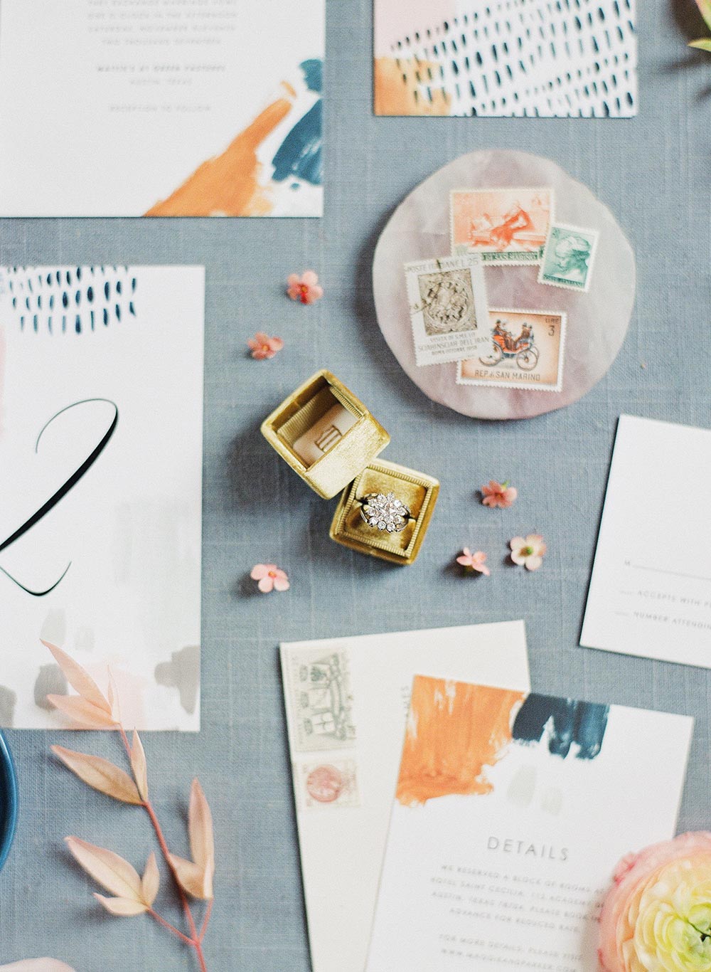 painterly wedding invitations and heirloom engagement ring