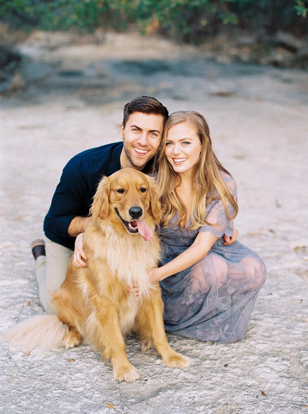 periwinkle engagement session dress and golden retriever