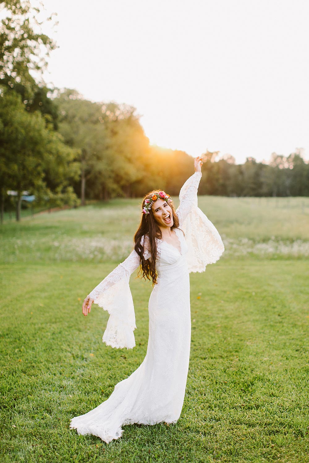 boho wedding dress with bell sleeves