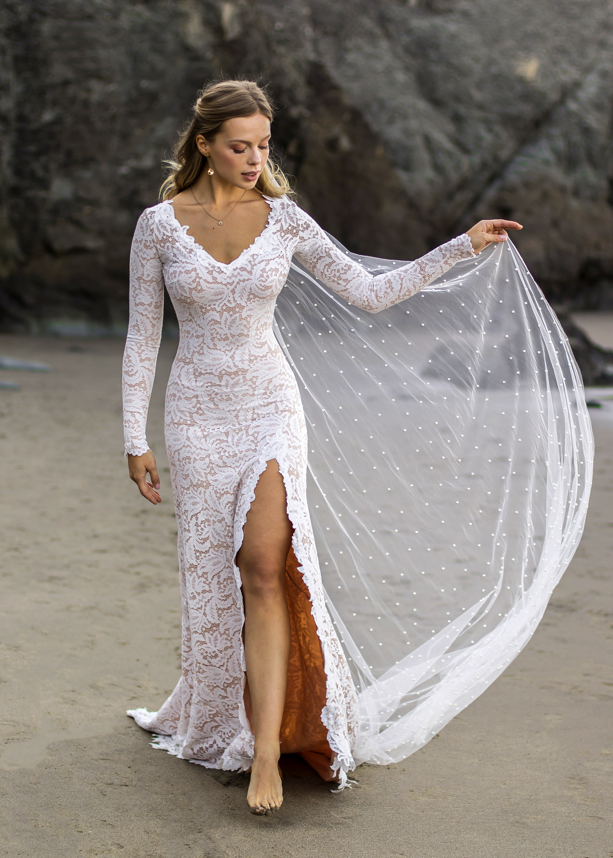 stretch lace wedding dress with high slit and open back